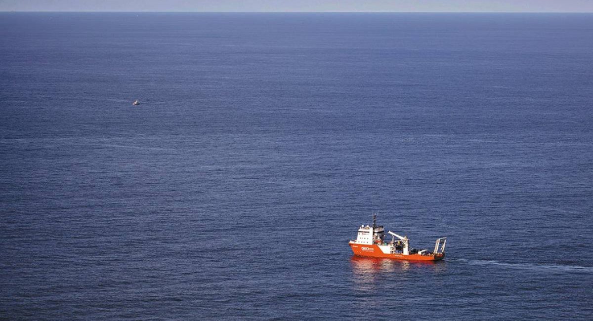 This undated photo issued by Jon Le Ray@jonnersleray on Tuesday Feb. 5, 2019, shows the Geo Ocean III specialist search vessel off the coast of Alderney in the English Channel. One body is visible in the seabed wreckage of a plane that went missing carrying Argentine soccer player Emiliano Sala and his pilot two weeks ago over the English Channel. (Jon Le Ray@jonnersleray via AP)
